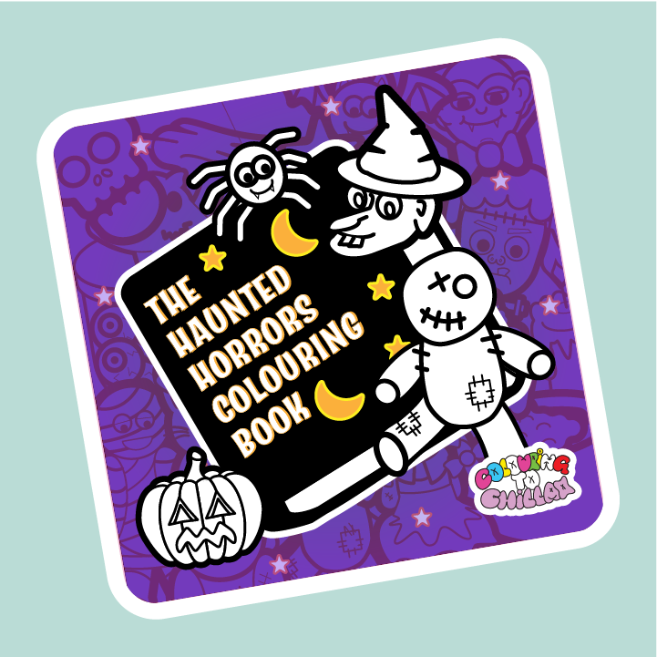 Sticker of 'The Haunted Horrors Colouring Book' with a skeleton and pumpkin on a purple background.