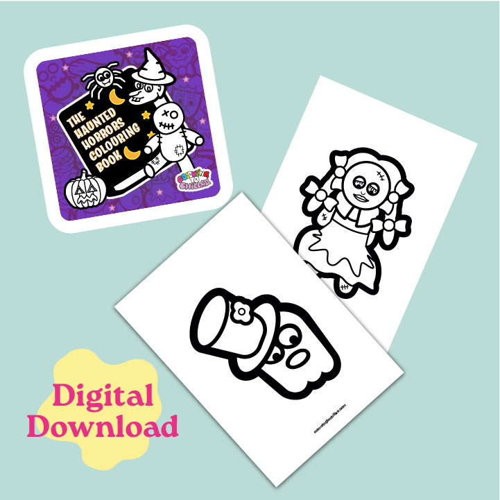 Halloween-themed colouring book and coloring pages on a light blue background with 'Digital Download' text.