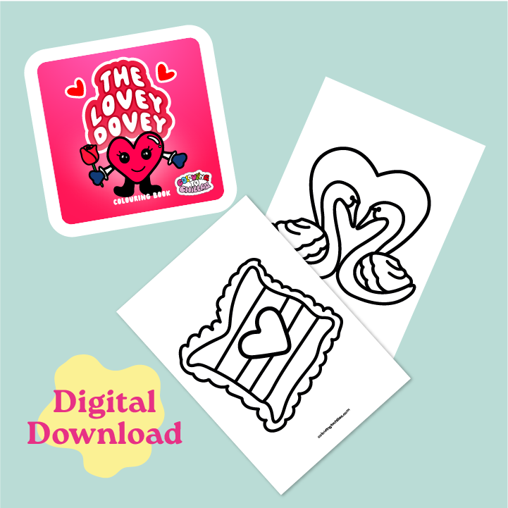 Coloring book with 'The Lovey Dovey' design and digital download text on a light blue background