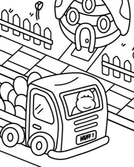 Coloring book page with a truck and building illustration