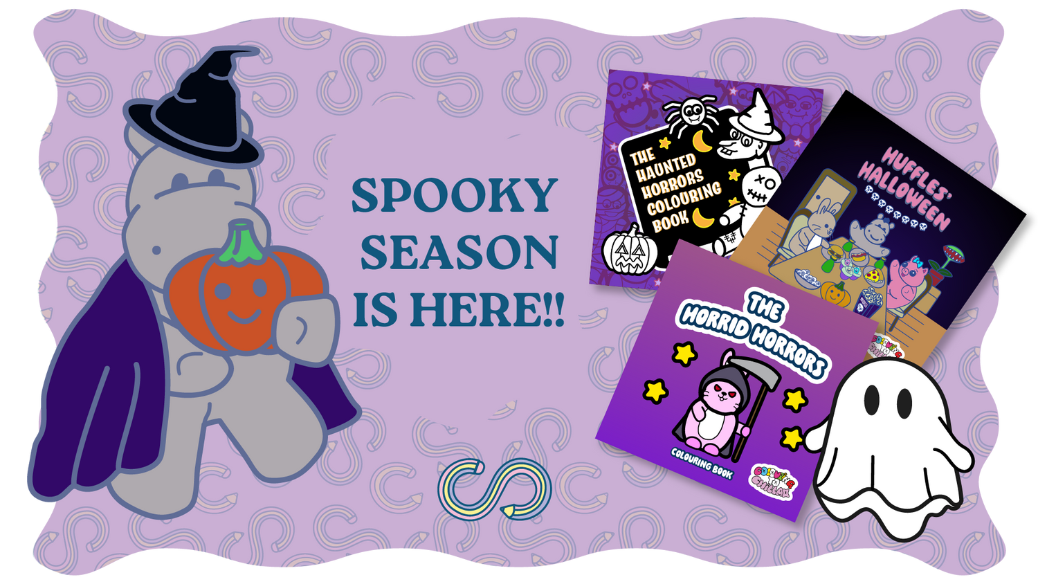 Halloween-themed product with cartoon ghost, pumpkin, and books on a purple background