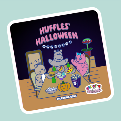 Huffles' Halloween coloring book with cartoon characters at a table on a light blue background