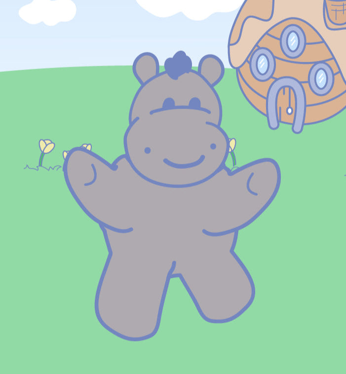 huffles the hippo character with a blue a green field in front of his house