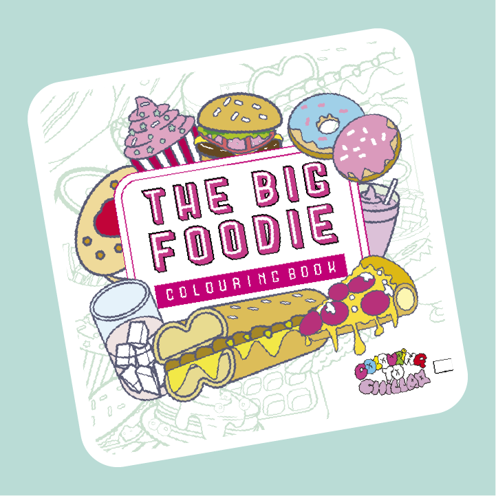 Coloring book titled 'The Big Foodie' with food illustrations on a light blue background