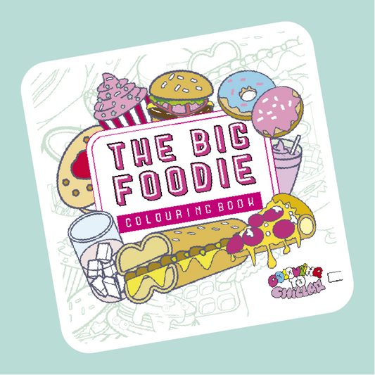 Coloring book titled 'The Big Foodie' with food illustrations on a light blue background