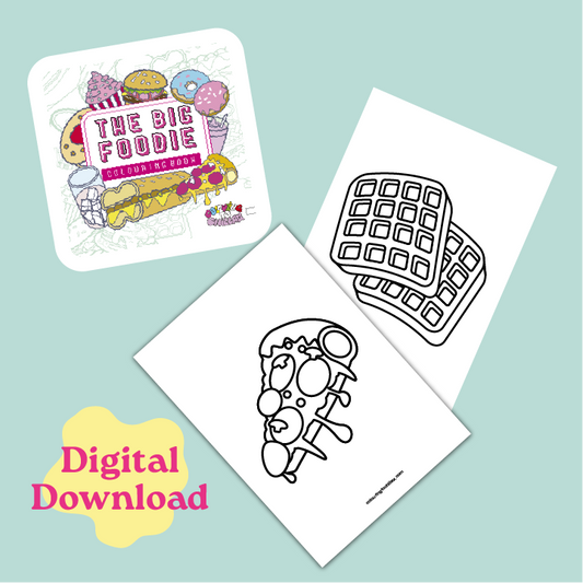 Coloring book with waffle design and 'The Big Foodie' branding on a light blue background
