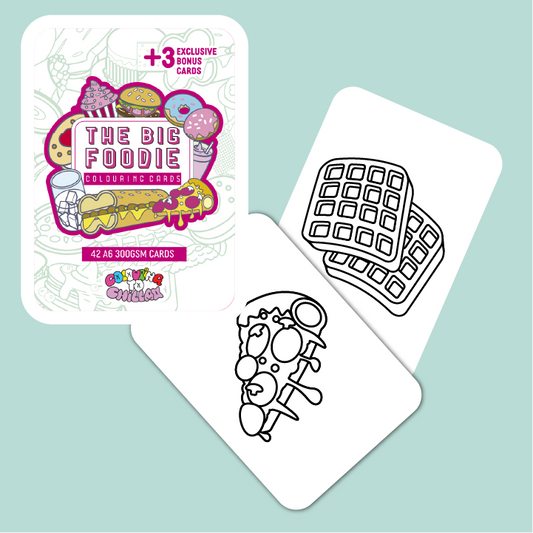 Coloring cards with waffle design and 'The Big Foodie' branding on a light blue background