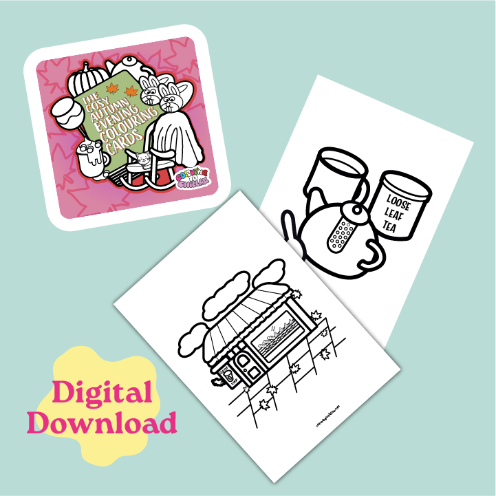 Two coloring pages with tea-themed illustrations on a light blue background, featuring 'Digital Download' text.