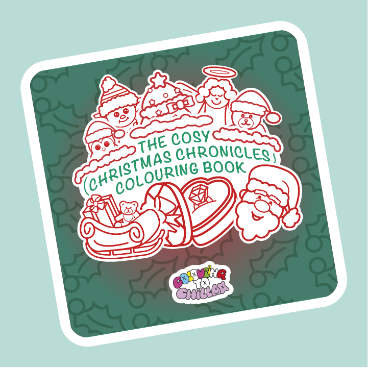 Cover of 'The Cosy Christmas Chronicles Colouring Book' with festive illustrations on a green background.