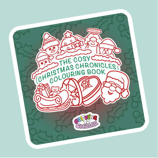 Cover of 'The Cosy Christmas Chronicles Colouring Book' with festive illustrations on a green background.
