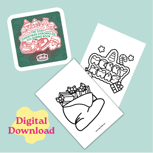 Digital coloring book pages with Christmas-themed illustrations on a light blue background.