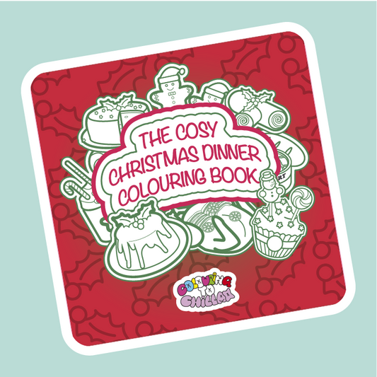 Cover of 'The Cosy Christmas Dinner Colouring Book' with festive illustrations on a red background.