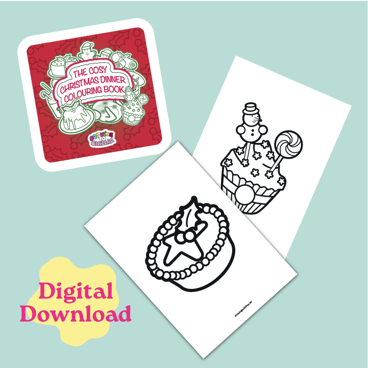 Cosy Christmas dinner coloring book with coloring pages on a light blue background