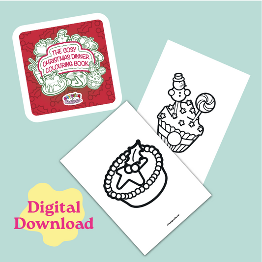 Cosy Christmas dinner coloring book with coloring pages on a light blue background