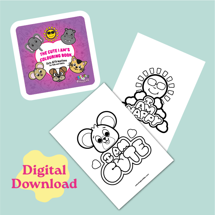 Coloring book with a purple cover featuring cartoon animals and two coloring pages on a light blue background.
