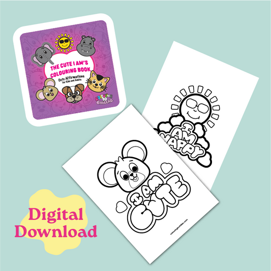 Coloring book with a purple cover featuring cartoon animals and two coloring pages on a light blue background.
