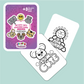 Coloring cards with animal illustrations and a purple card with text on a light blue background