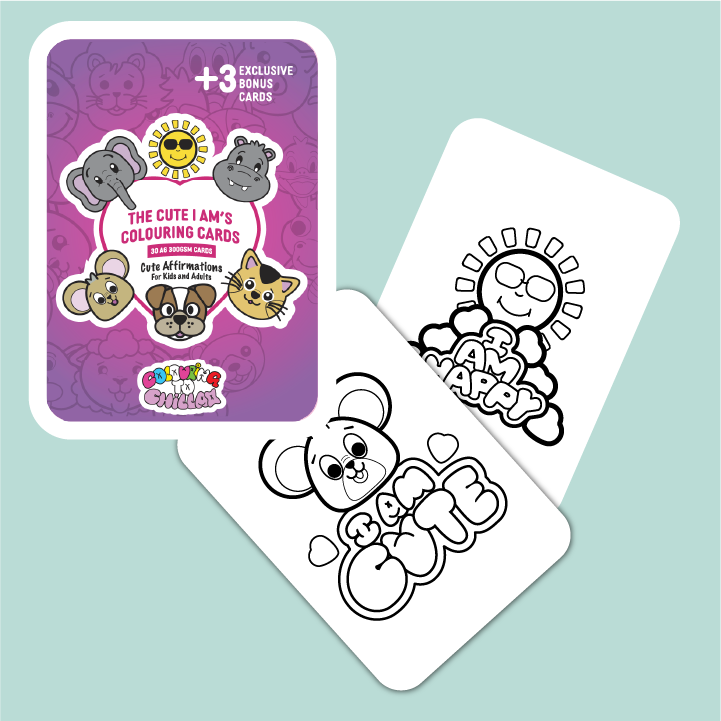 Coloring cards with animal illustrations and a purple card with text on a light blue background