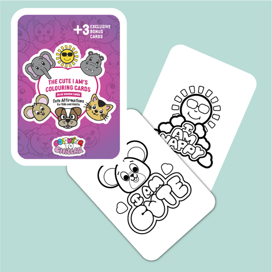 Coloring cards with animal illustrations and a purple card with text on a light blue background