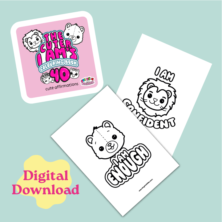 Coloring book with pages featuring cartoon characters and affirmations on a light blue background.