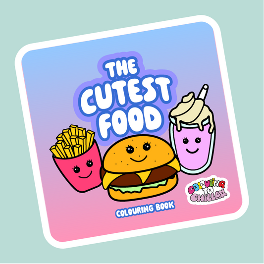 Cover of 'The Cutest Food' coloring book with cartoon food characters on a gradient background