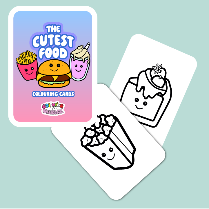 Coloring cards with food illustrations and a coloring book on a light blue background
