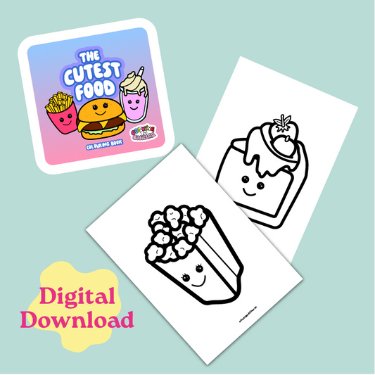 Coloring book with cute food illustrations and digital download text on a light blue background