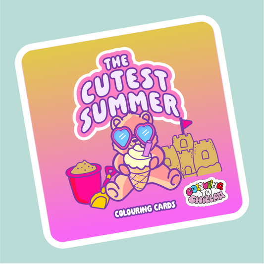 Colorful sticker with cartoon character and 'The Cutest Summer' text on a gradient background