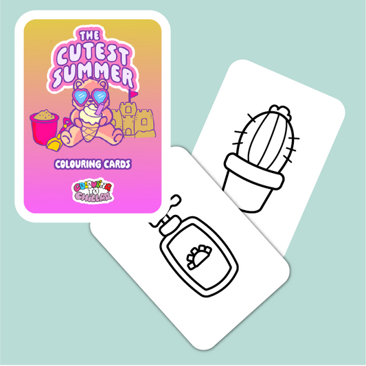 Coloring cards with a cartoon bear, cactus, and TV on a light blue background