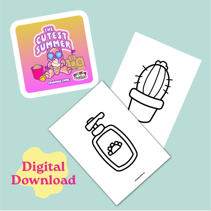 Two coloring pages with a cactus and a bottle of sunscreen on a light blue background, with 'The Cutest Summer' coloring cards in the top left corner.