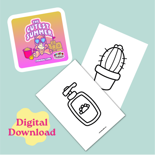 Two coloring pages with a cactus and a bottle of sunscreen on a light blue background, with 'The Cutest Summer' coloring cards in the top left corner.