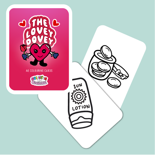 Two coloring cards with 'The Lovey Dovey' branding on a light blue background.