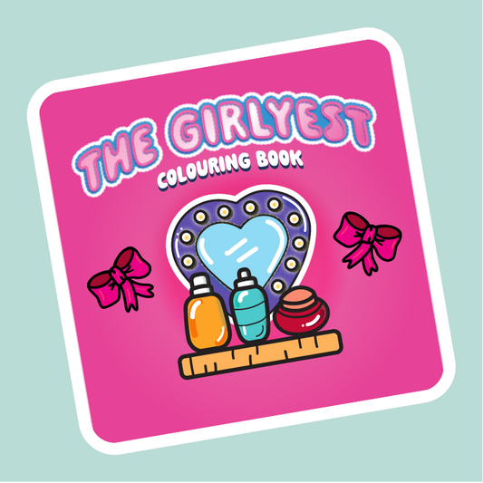 Cover of 'The Girlyest Colouring Book' with cosmetic illustrations on a pink background