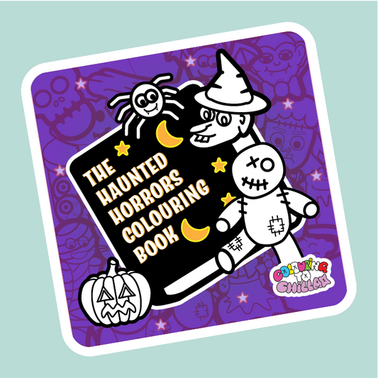 Sticker of 'The Haunted Horrors Colouring Book' with a skeleton and pumpkin on a purple background.