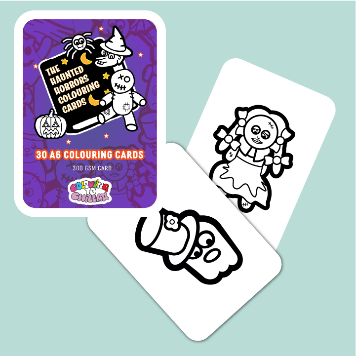 Haunted Horror colouring cards with packaging on a light blue background