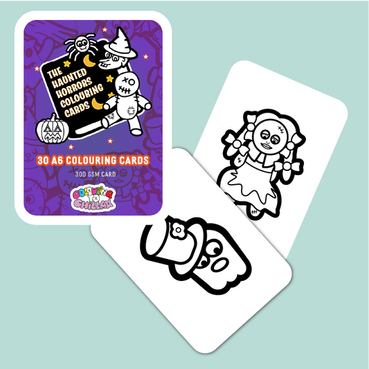 Haunted Horror colouring cards with packaging on a light blue background