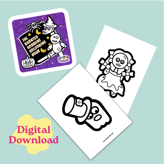 Halloween-themed colouring book and coloring pages on a light blue background with 'Digital Download' text.