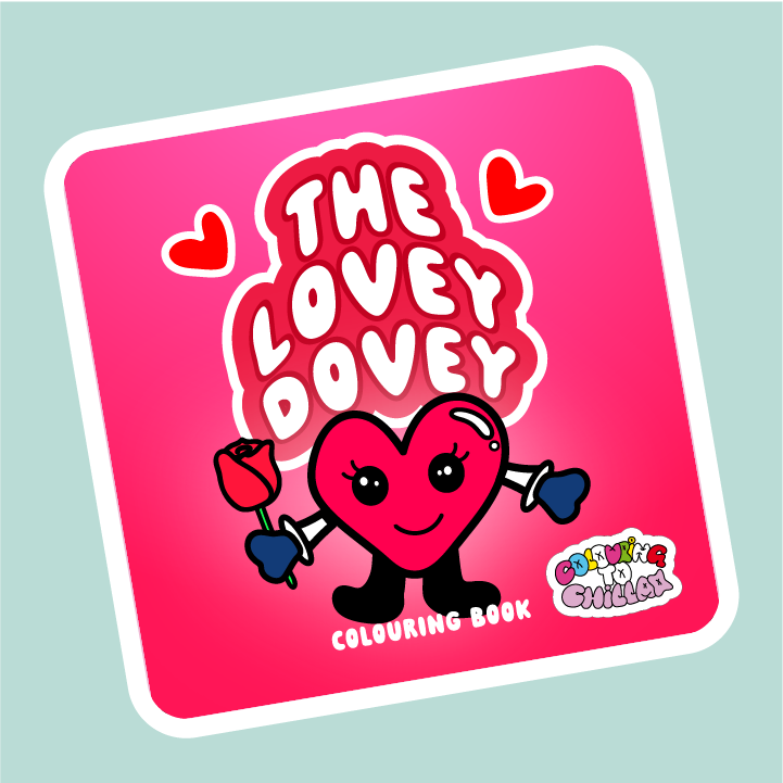 Sticker with cartoon heart character and 'The Lovey Dovey' text on a pink and blue gradient background