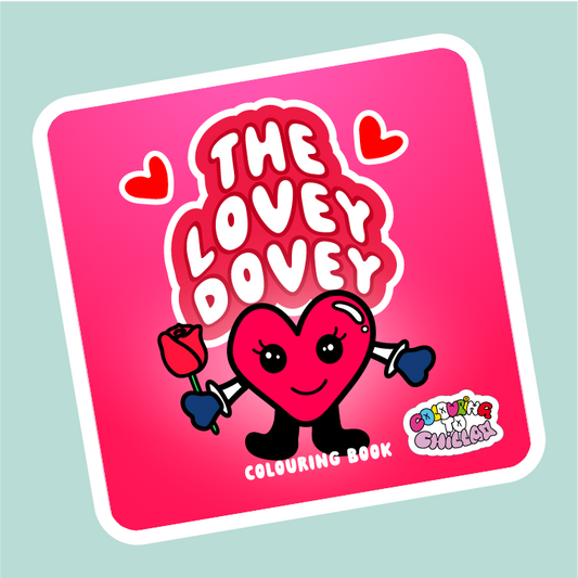 Sticker with cartoon heart character and 'The Lovey Dovey' text on a pink and blue gradient background
