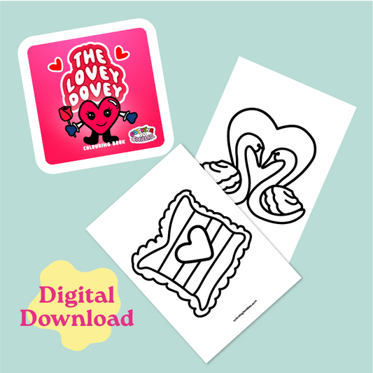 Coloring book with 'The Lovey Dovey' design and digital download text on a light blue background