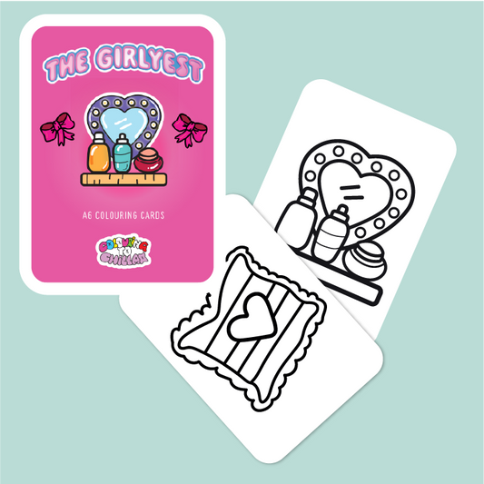 Coloring card with 'The Girlyest' design on a pink card and white card with black outline.