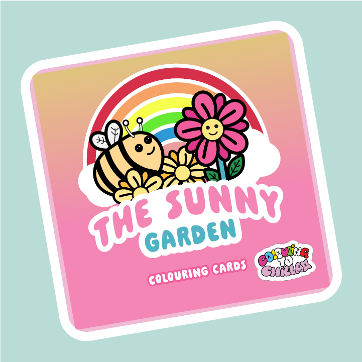 Sticker with cartoon bee, flowers, and rainbow on a pink and beige background with 'The Sunny Garden' text.