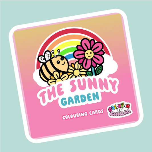Sticker with cartoon bee, flowers, and rainbow on a pink and beige background with 'The Sunny Garden' text.