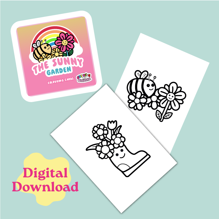 Coloring cards with bee and flower designs on a light blue background