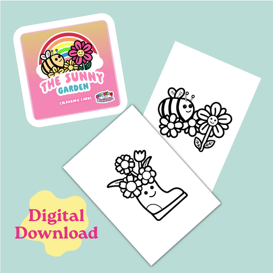 Coloring cards with bee and flower designs on a light blue background