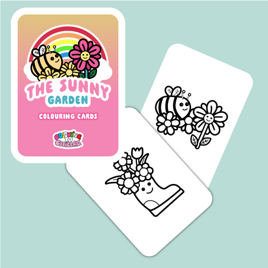 Coloring cards with bee and flower designs on a light blue background