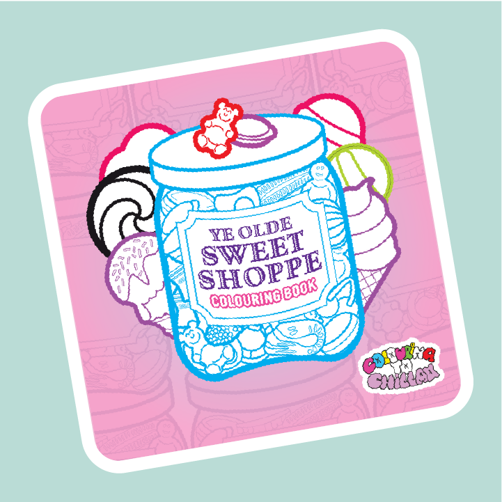 Coloring book cover for 'Ye Olde Sweet Shoppe' on a pink background