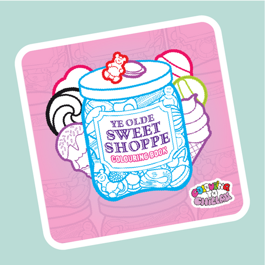 Coloring book cover for 'Ye Olde Sweet Shoppe' on a pink background