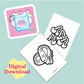 Two coloring pages with a mug and donut design on a light blue background, featuring 'Digital Download' text.