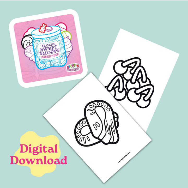 Two coloring pages with a mug and donut design on a light blue background, featuring 'Digital Download' text.